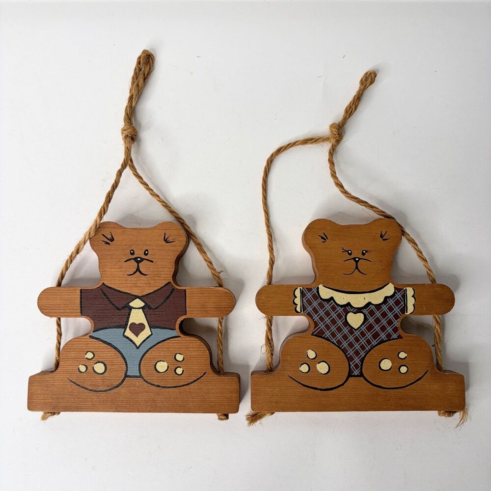 Cottagecore Decor Wood Bear Heart Wall Hanging Swing Country Art